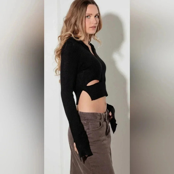 Trendy Cut Out Collared Crop Soft Long Sleeve Sweater Top #417-418 - Picture 4 of 6